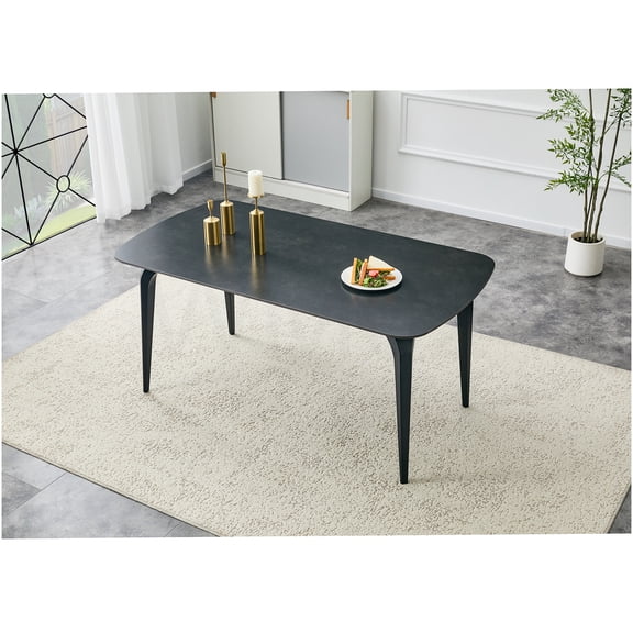 COSMOS Modern Rectangular Dining Table with Sintered Stone Top & Metal Base, Dark Gray, Heat Proof Scratch Resistant, Easy Assembly, for Dining Room Office