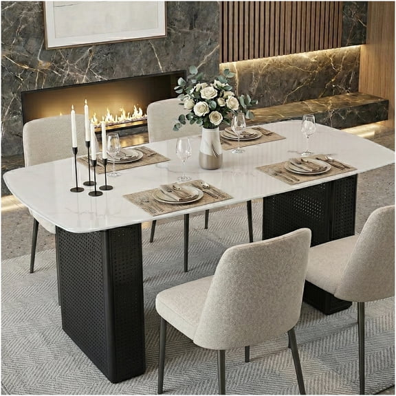 COSMOS Modern Rectangular Dining Table with Marble Pattern Glass Top and Black Metal Base for Dining Room & Office
