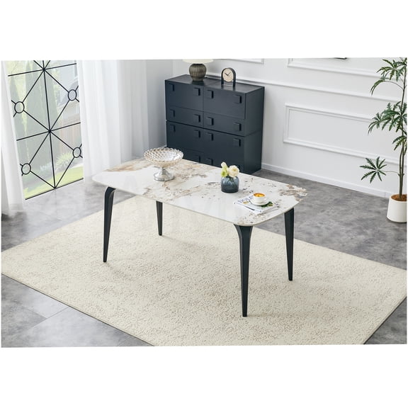 COSMOS Modern Rectangular Dining Table with Sintered Stone Top & Metal Base - Heat, Scratch Resistant - Light Beige