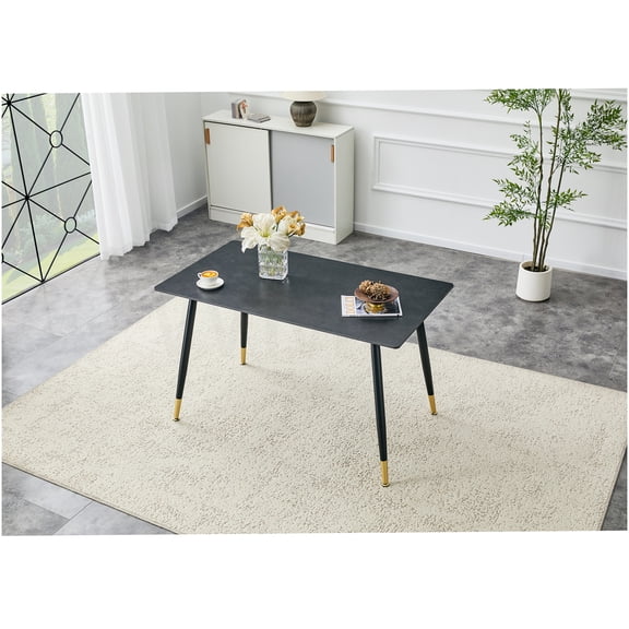 COSMOS Modern Rectangular Sintered Stone Dining Table with Metal Base, Dark Gray Heat-Resistant Kitchen Table for Dining Room