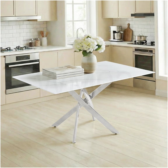 COSMOS Modern Rectangular Tempered Glass Dining Table with Sturdy Metal Frame, Silver, Granite Pattern, 59" L for Dining Room, Kitchen, Office, Conference