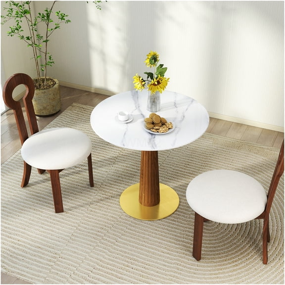 COSMOS Modern Round Dining Table for Two, Sintered Stone Top with Wood Leg & Gold Base, Compact Kitchen Table for Small Spaces, Contemporary Home Decor