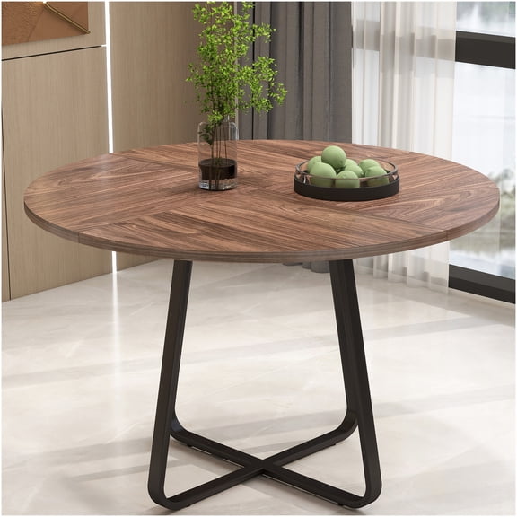 COSMOS Modern Round Dining Table for 4-6 People, Natural Walnut Finish with Sturdy X-Shaped Metal Base, Space-Saving Kitchen & Apartment Table