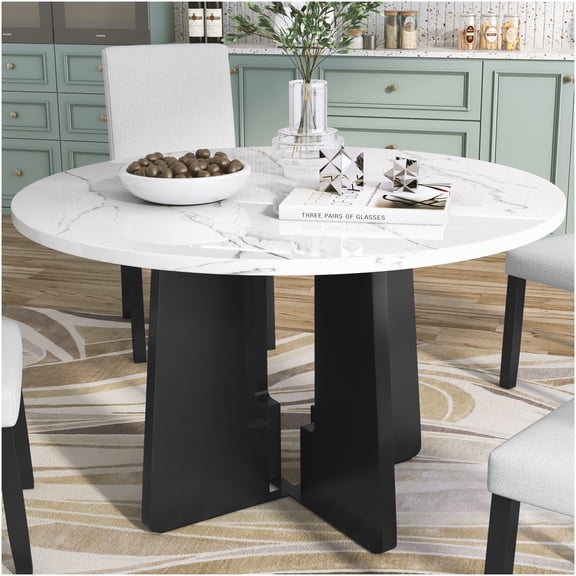 COSMOS Modern Round Dining Table for 4 with Faux Marble Top, Mid-Century Style Kitchen & Cafe Table, Easy Assembly