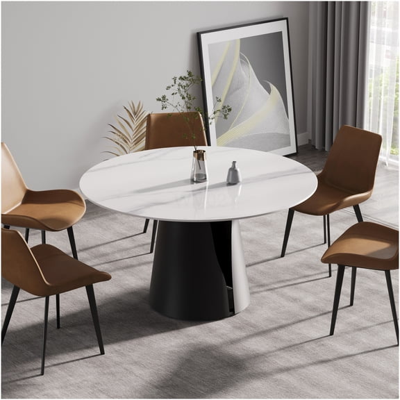 COSMOS Modern Round Dining Table for 6 with Sintered Stone Top and Black Carbon Steel Base, White Pedestal Table, Easy Clean Durable Kitchen Table