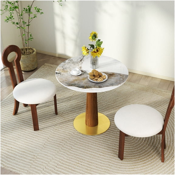 COSMOS Modern Round Dining Table for Small Spaces, 33.5 Inch Sintered Stone Top with Gold Base, 2 Person Kitchen Table, Compact Breakfast Nook
