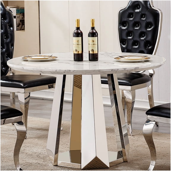 COSMOS Modern Round Dining Table with Faux Marble Top & Stainless Steel Base, 47 Inch Silver White Kitchen Table for Dining Room