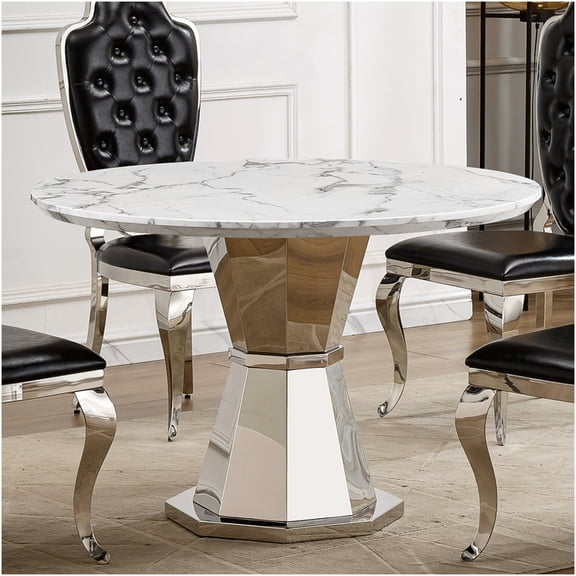 COSMOS Modern Round Dining Table with High Gloss Faux Marble Top and Stainless Steel Base, 47 Inch Silver White Kitchen Table for Dining Room