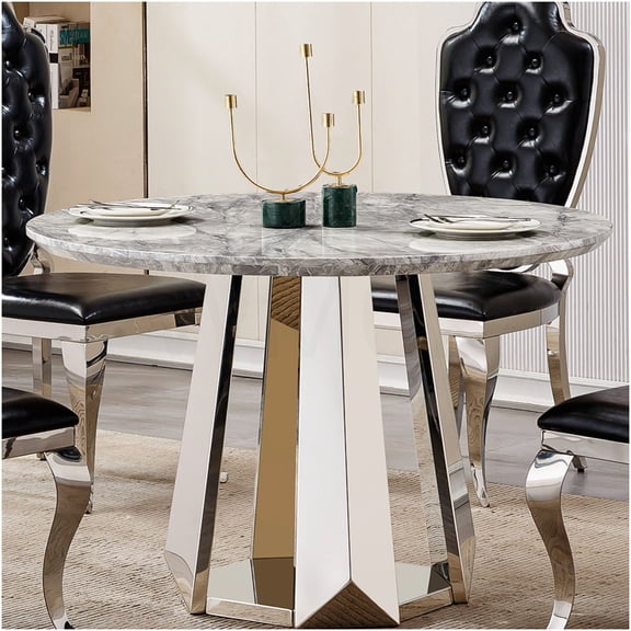 COSMOS Modern Round Dining Table with High-Gloss Faux Marble Top and Sturdy Stainless Steel Base, Silver Gray Kitchen & Dining Room Table