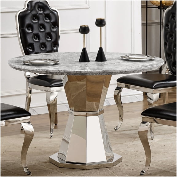 COSMOS Modern Round Dining Table with High-Gloss Faux Marble Top and Sturdy Stainless Steel Base, Silver Gray Kitchen Table for Dining Room