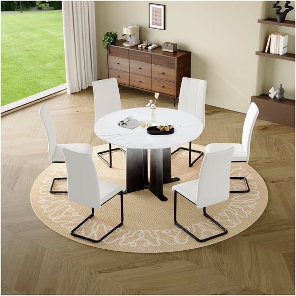 COSMOS Modern Round Dining Table with Marble-Look Top & Gradient Legs, Compact Kitchen Table for Small Spaces, White Finish with Cross Base