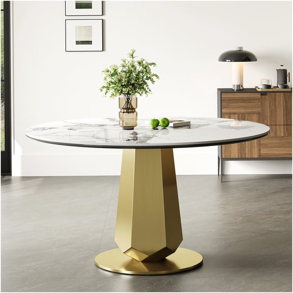 COSMOS Modern Round Dining Table with Sintered Stone Top & Gold Base for Kitchen, Space Saving Breakfast Table for 4-8 People, Easy Assembly