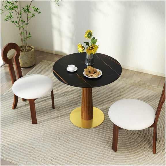 COSMOS Modern Round Sintered Stone Dining Table for 2 with Gold Base, Space-Saving Kitchen Table, Stain-Resistant & Easy Clean, Black and Brown Options