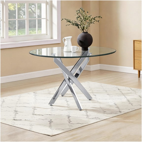 COSMOS Modern Round Tempered Glass Table with Silver Metal Frame - Versatile Dining & Office Table for Kitchen, Living Room, Cafe