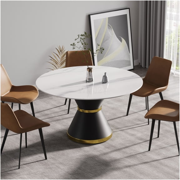 COSMOS Modern Round White Sintered Stone Dining Table with Black Carbon Steel Base, 6-Seater Pedestal Table for Kitchen Dining Room
