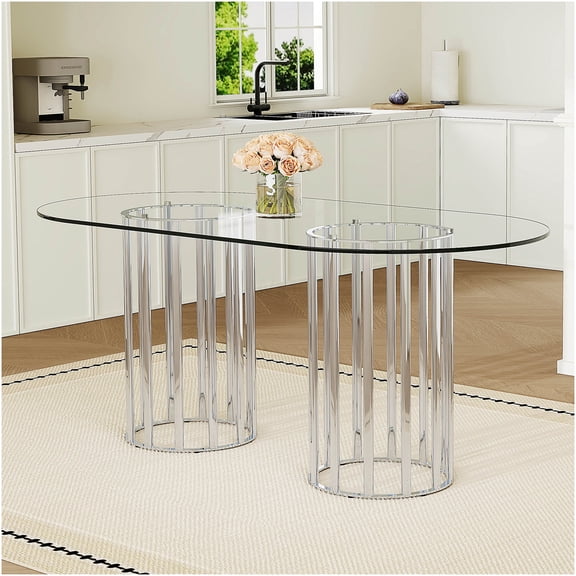 COSMOS Modern Silver Elliptical Dining Table for 6-8, Tempered Glass Top with Double Column Metal Base