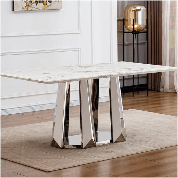 COSMOS Modern Silver & White Faux Marble Dining Table with Chrome Base, 70 Inch Rectangular Kitchen Table for 6-8 Seating