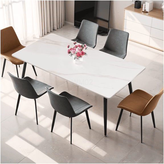 COSMOS Modern Sintered Stone Dining Table, 63 Inch Glossy White Kitchen Table with Carbon Steel Legs, Heat Resistant