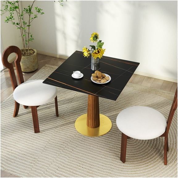 COSMOS Modern Square Dining Table for Two, Sintered Stone Top with Wood Leg and Gold Base, Small Space Kitchen Table, Contemporary Breakfast Nook
