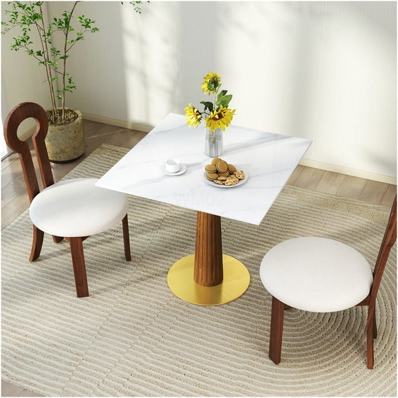 COSMOS Modern Square Dining Table for Two, Sintered Stone Top with Wooden Leg and Gold Base, Small Space Kitchen Table, Mid-Century Modern Design