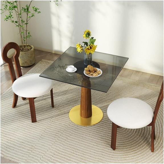 COSMOS Modern Square Glass Dining Table for Small Spaces, Tempered Glass Top with Wooden Leg and Gold Base, 2-Person Kitchen Table, Compact Home Office Desk