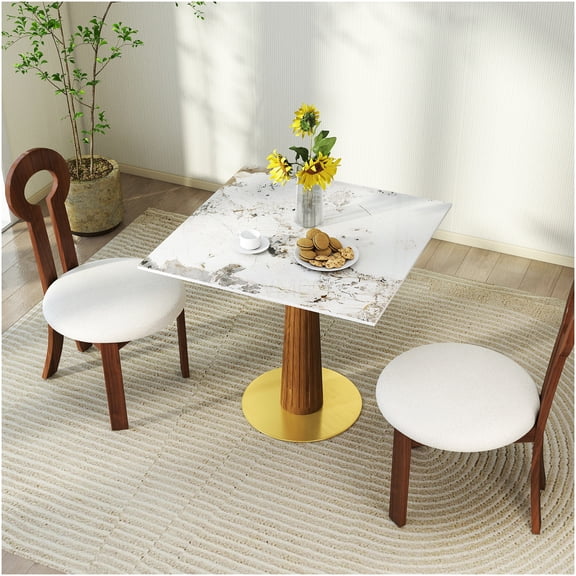 COSMOS Modern Square Sintered Stone Dining Table for 2, Compact Kitchen Table with Wooden Legs & Gold Base, Small Space Table for Breakfast Nook or Office
