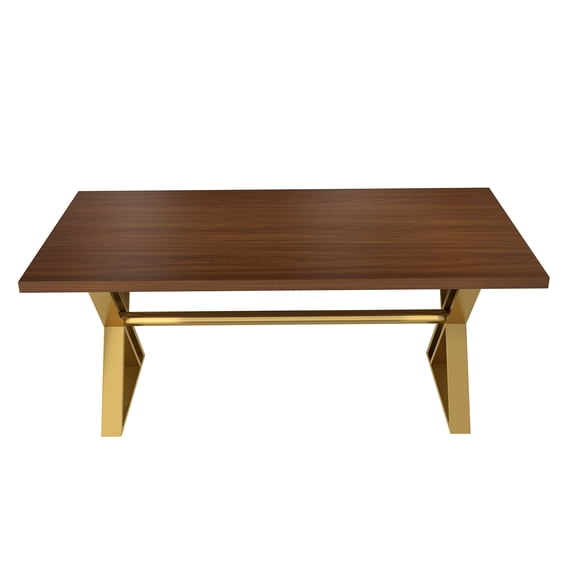 COSMOS Modern Walnut & Gold Dining Table for 6, High-End Solid Wood Top with Stainless Steel Base, Elegant Kitchen and Dining Room Furniture