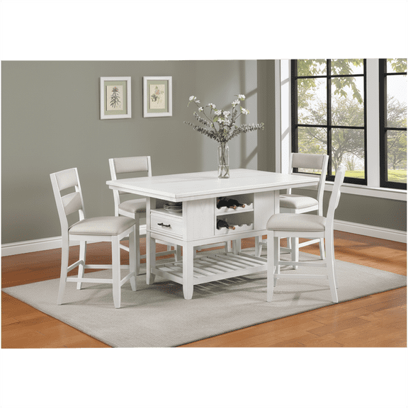COSMOS Modern White 5-Piece Counter Height Dining Set with Wine Rack & Storage Drawer, Rectangular Farmhouse Table and Upholstered Chairs
