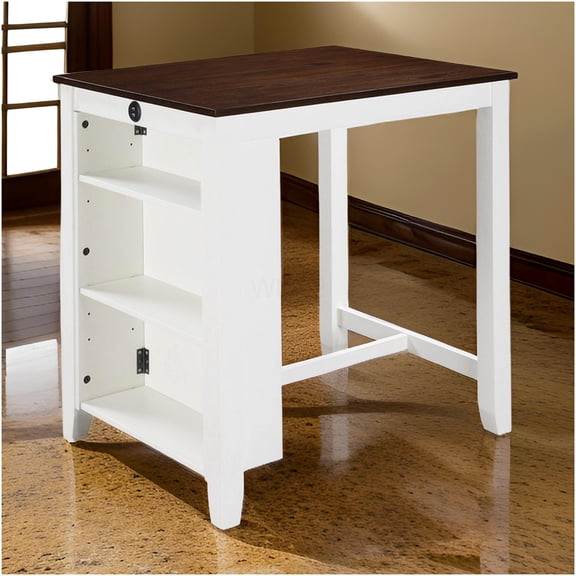 COSMOS Modern White and Brown Counter Height Dining Table with USB Ports and Storage Shelf