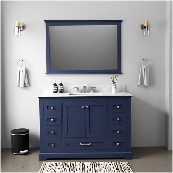 COSMOS Navy Blue 48 Inch Bathroom Vanity Set with Mirror, Fully Assembled Storage Cabinet and 9 Drawers