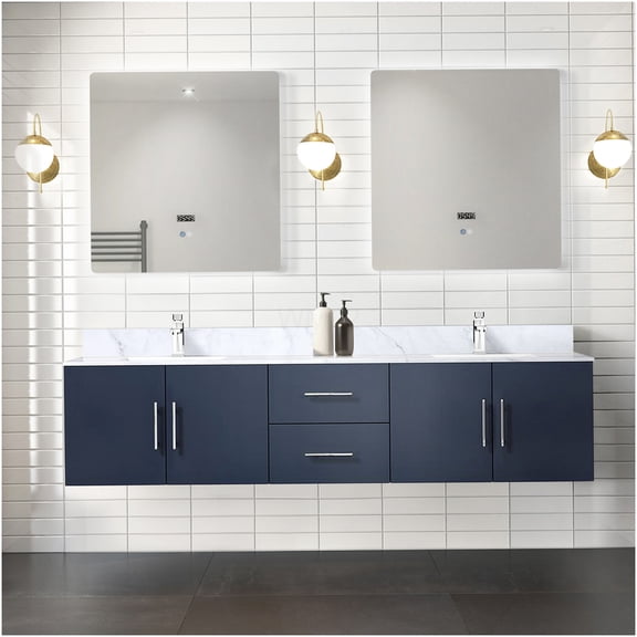 COSMOS Navy Blue 80 Inch Double Sink Bathroom Vanity with Carrara Marble Top