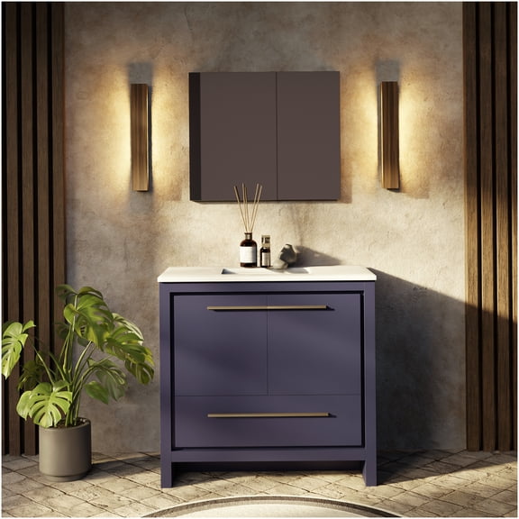 COSMOS Navy Blue Bathroom Vanity Set with White Quartz Countertop and Matching Mirror, Soft Close Drawers and Cabinet