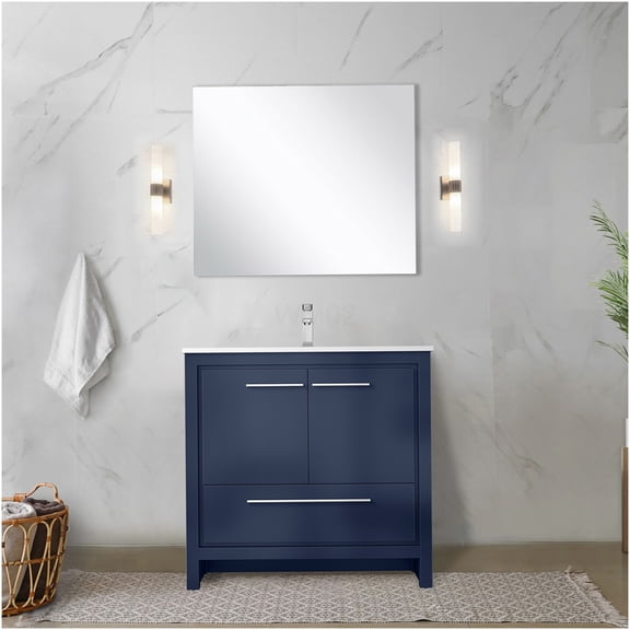 COSMOS Navy Blue Bathroom Vanity with Marble Top, Soft Close Drawers and Faucet Included