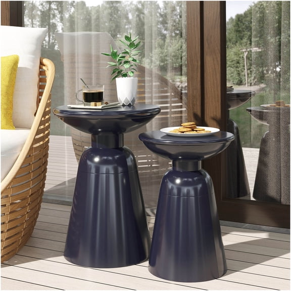 COSMOS Navy Blue Outdoor Iron Side Table Set of 2 with Flared Base for Patio Garden Living Room