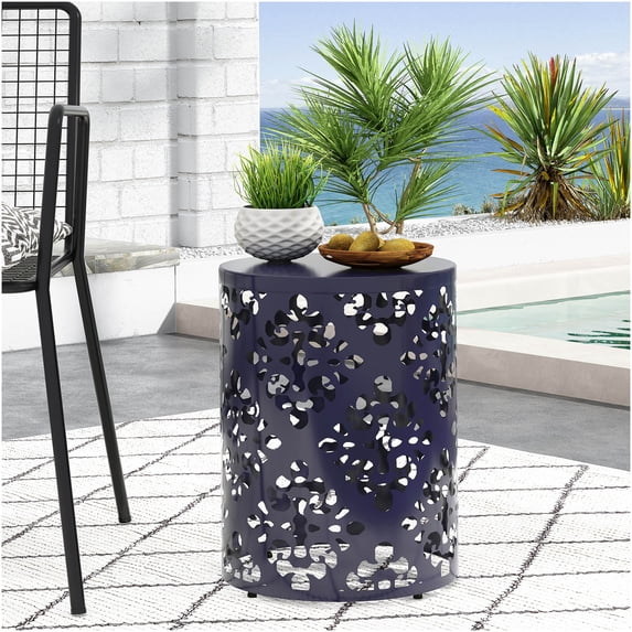 COSMOS Navy Blue Outdoor Metal End Table with Floral Iron Cut Design, Large Accent Table for Patio, Garden, or Living Room