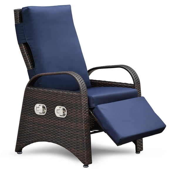 COSMOS Navy Blue Outdoor Recliner Chair with Side Table, Adjustable Lounge Chair with Removable Cushion, All-Weather PE Wicker Patio Furniture for Garden, Poolside, Relaxation