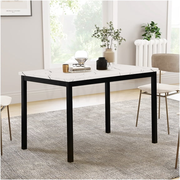 COSMOS Off-White Square Faux Marble Dining Table with Black Metal Legs, 4-Seat Modern Kitchen Table
