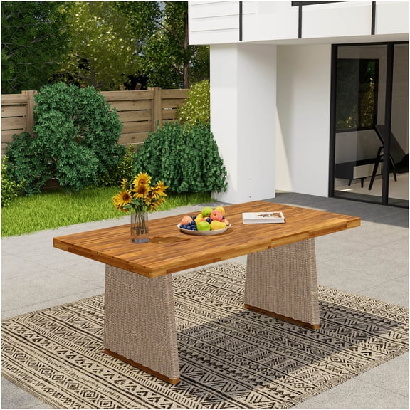 COSMOS Outdoor Dining Table with Teak Finish, Acacia Wood Top and Handwoven Brown Wicker Base for Patio Garden