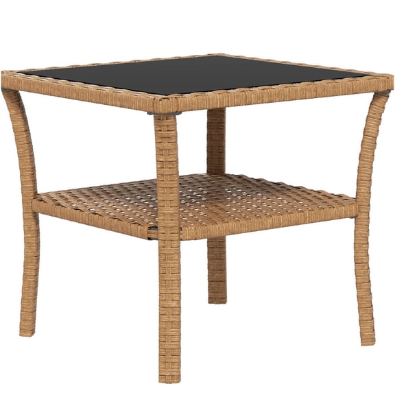 COSMOS Outsunny 19.75" Square Outdoor Coffee Table with Tempered Glass Top and Storage Shelf, PE Rattan Side Table with Aluminum Frame for Patio, Garden, Black Brown