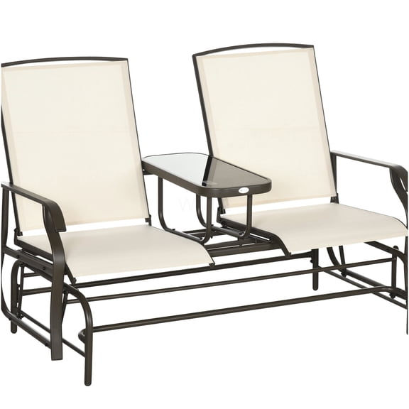 COSMOS Outsunny 2-Person Patio Glider Bench with Center Table, Weather-Resistant Steel Frame & Breathable Mesh Seating, Beige Outdoor Loveseat for Garden, Porch, Backyard