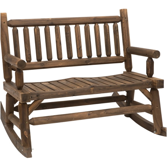 COSMOS Outsunny 2-Person Wood Rocking Loveseat for Porch and Garden, Log Design Patio Bench with Curved Seats, Heavy Duty Construction