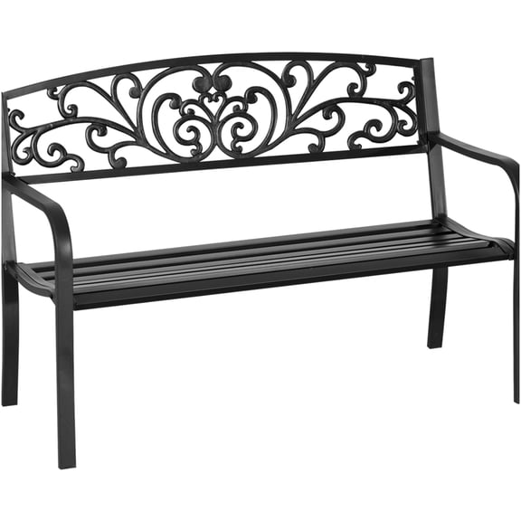 COSMOS Outsunny 50" Black Metal Garden Bench with Floral Backrest, Patio Seating for Two, Weather-Resistant Outdoor Bench for Yard, Lawn, Porch