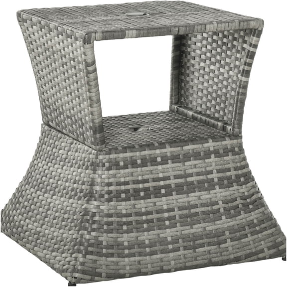 COSMOS Outsunny Grey Metal Patio Side Table with Umbrella Hole, 2-Tier Wicker Storage Shelf for Outdoor Garden, Backyard, Pool