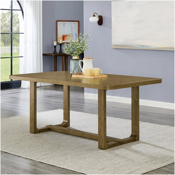 COSMOS Parker Light Oak Dining Table with Trestle Base, Modern Farmhouse Rectangular Table for 6, Solid Wood and MDF Construction