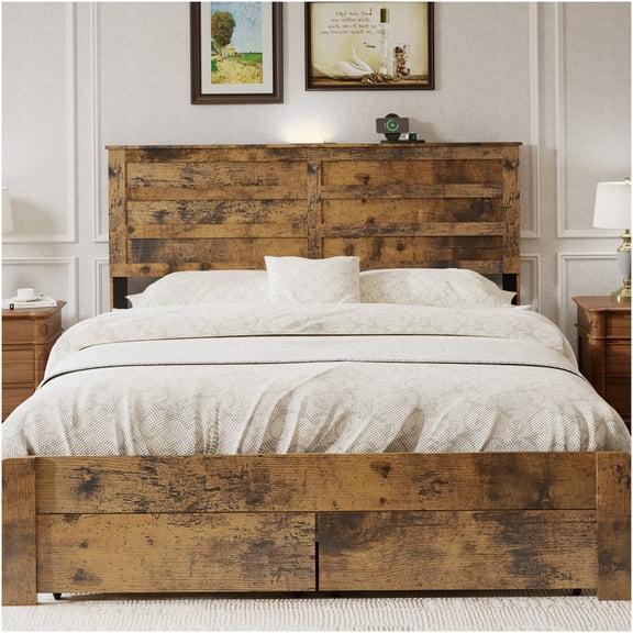 COSMOS Queen Bed Frame with Storage Drawers, USB Charging Station, Wooden Platform, Industrial Rustic Design, Dark Brown