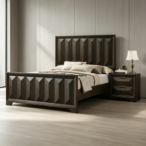 COSMOS Queen Bedroom Set with 2 Nightstands, Espresso Finish Modern Transitional Style Wood Bed Frame