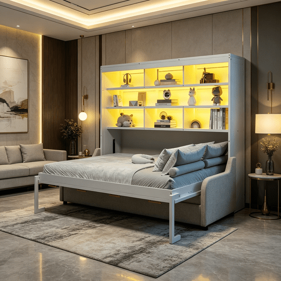 COSMOS Queen Murphy Bed Cabinet with Sofa and Storage, Beige Space Saving Wall Bed with LED Lights