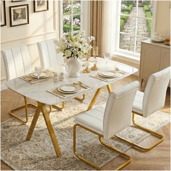 COSMOS Rectangular Dining Table with Marble Pattern Tempered Glass Top & Gold Metal Legs for Restaurant Style