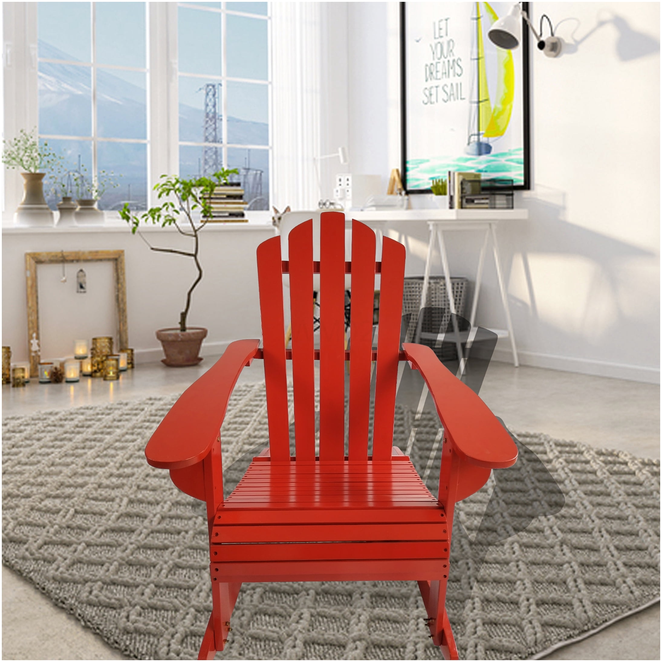 COSMOS Red Wooden Rocking Adirondack Chair with Reclining Back, Outdoor Patio Rocker for Porch, Deck or Garden