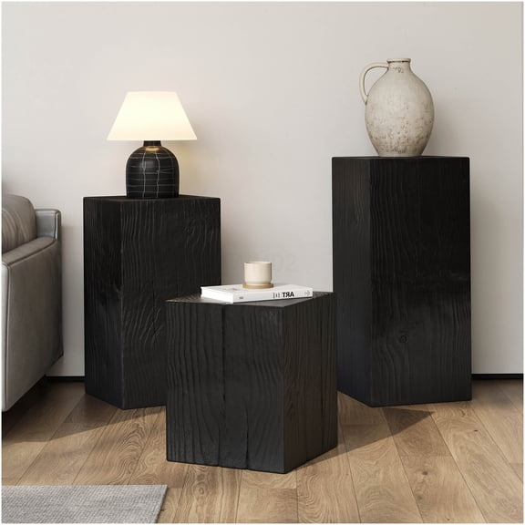 COSMOS Retro Stackable End Table Set, 3-Tier Square Column Side Tables for Living Room, Bedroom & Office, Black